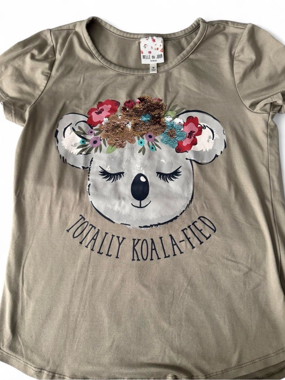 BELLE DU JOUR Taupe Short Sleeve Tee with Sequin Koala & Floral Accent